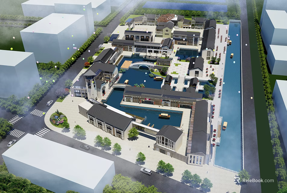 Traditional Modern Commercial District Featuring Water Ponds Pedestrian Walkways And Green Landscaping 3d model 