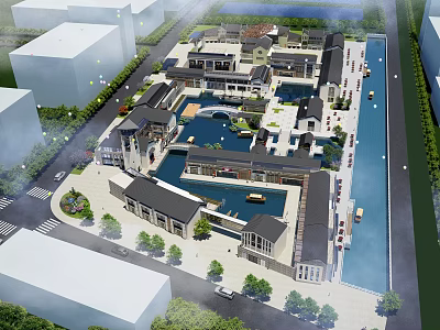 Traditional Modern Commercial District Featuring Water Ponds Pedestrian Walkways And Green Landscaping 3d model