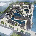 Traditional Modern Commercial District Featuring Water Ponds Pedestrian Walkways And Green Landscaping