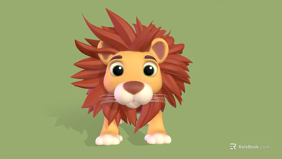 Cute 3D Cartoon Lion Character With Red Mane Big Eyes White Paws And Green Background 3d model 