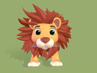 Cute 3D Cartoon Lion Character With Red Mane Big Eyes White Paws And Green Background 3d model