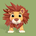 Cute 3D Cartoon Lion Character With Red Mane Big Eyes White Paws And Green Background