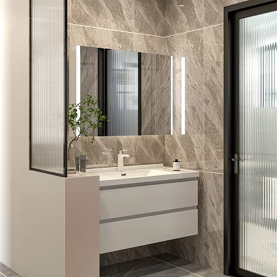 Modern Bathroom Vanity With Marble Wall Mirror White Cabinet And Green Plant 3d model