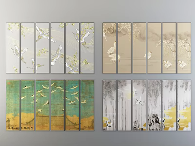 Oriental Screen Paintings With Cranes Natural Motifs And Multiple Panel Designs 3d model