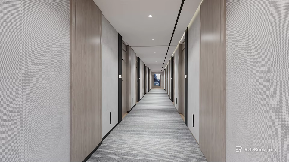 Modern Hotel Corridor Interior With Recessed Lighting Wooden Panels And Carpeted Floor 3d model 