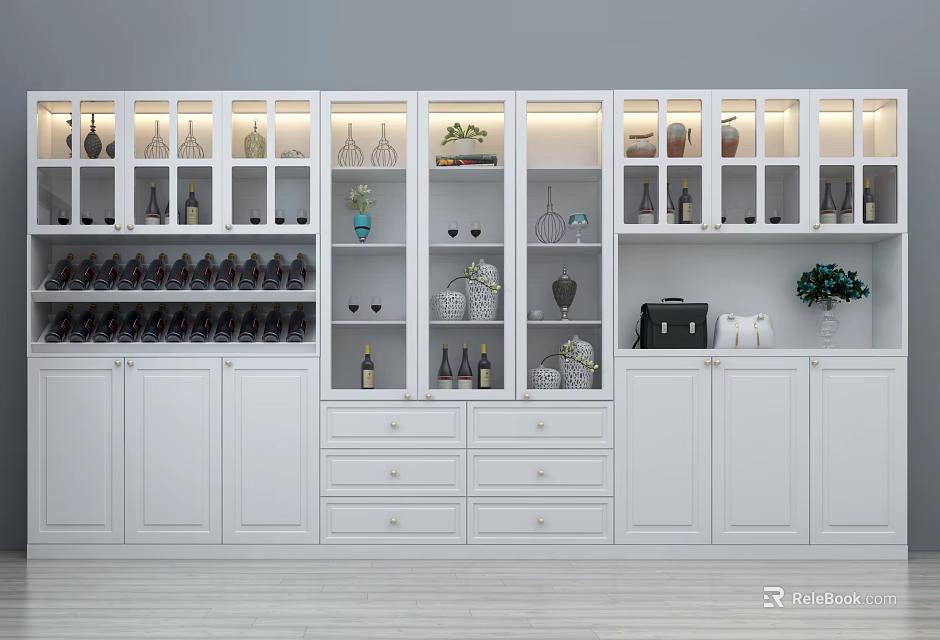 Modern White Wine Cabinet With Glass Doors Built in Lighting And Decorative Wine Bottles 3d model 