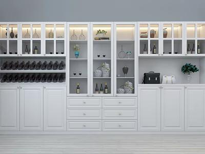 Modern White Wine Cabinet With Glass Doors Built in Lighting And Decorative Wine Bottles 3d model