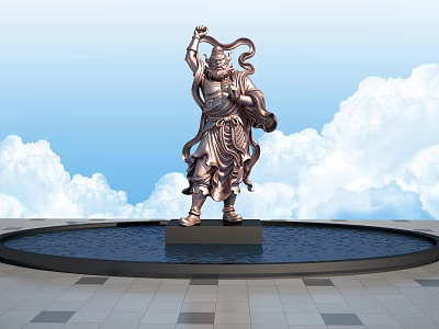 Bronze Sculpture Carving Of Standing Figure With Circular Water Pool And Blue Sky Clouds 3d model