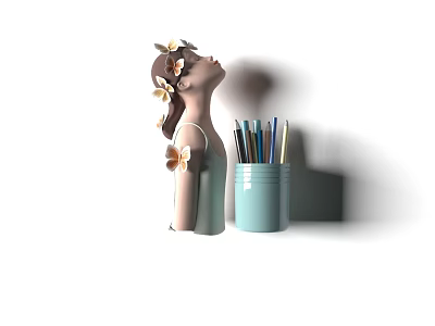 Swing Door In White Background With Girl Flowers Colored Pencils And Blue Bucket 3d model