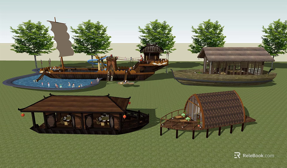 Traditional Wooden Boats And Pavilions In Serene Garden Water Landscape 3d model 