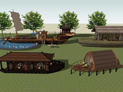 Traditional Wooden Boats And Pavilions In Serene Garden Water Landscape 3d model