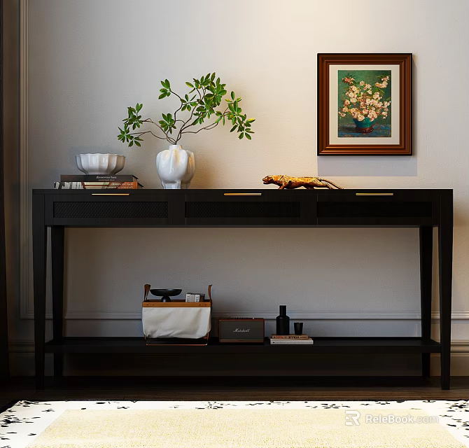 Stylish Console Table With White Vase Green Plant Books Basket And Wall Art 3d model 