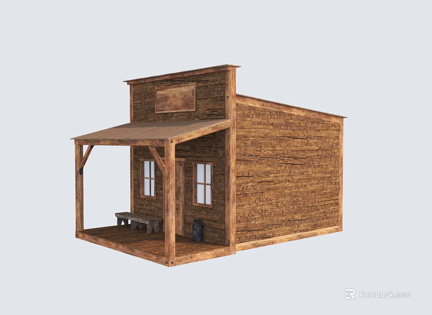 Rustic Wooden Cabin With Covered Porch Wooden Bench Front Sign and Windows Exterior Design 3d model 