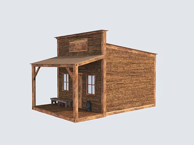 Rustic Wooden Cabin With Covered Porch Wooden Bench Front Sign and Windows Exterior Design 3d model