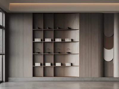 Modern Wooden Built in Bookcase With Shelves Holding Books and Decor Items 3d model