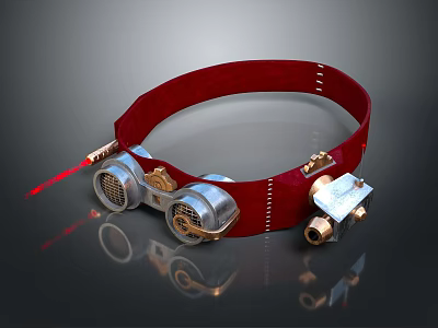 Steampunk Style Goggles With Red Strap And Metallic Mechanical Accents 3d model