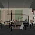 Modern Restaurant Interior With Dining Table Chairs And Hanging Lights 3d model