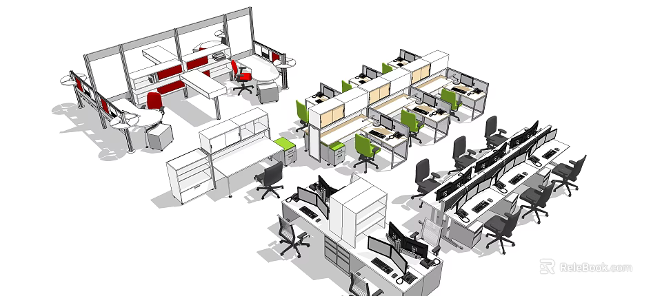 Modern Office Workstations With Multiple Desks Partition Panels And Computer Monitors 3d model