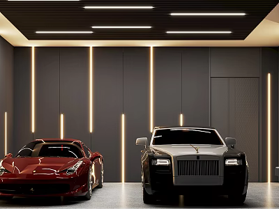 Modern Garage With Luxury Cars And Stylish Lighting 3d model