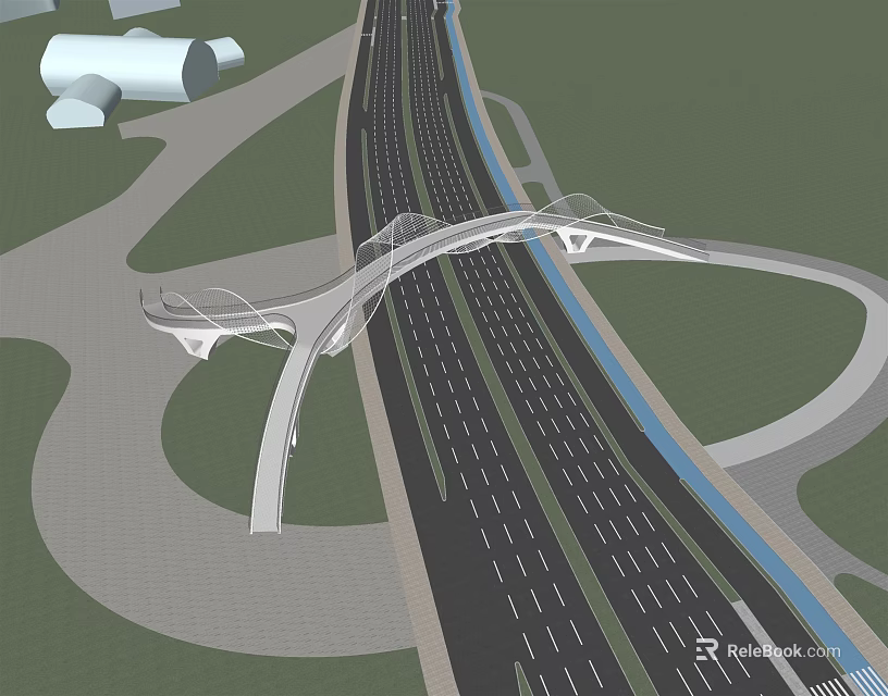 Modern Arch Bridge Design With Highway Lanes And Surrounding Green Areas 3d model 