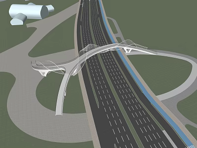 Modern Arch Bridge Design With Highway Lanes And Surrounding Green Areas 3d model