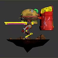 Yellow And Red Hamburger Themed Robot Figure Standing On Rock Platform Holding Yellow Object