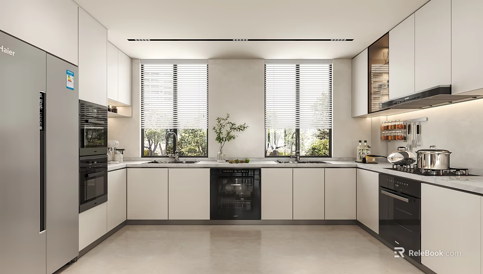 Bright Minimalist Modern Kitchen With Full Set Of Built In Appliances And Large Daylight Windows 3d model 