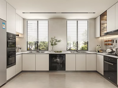 Bright Minimalist Modern Kitchen With Full Set Of Built In Appliances And Large Daylight Windows 3d model