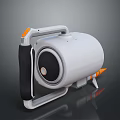 Modern Handheld Equipment With White Body Gray Frame Orange Accents Black Padded Grip Circular Opening