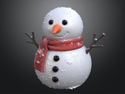 Cute Snowman With Red Scarf Black Eyes And Stick Arms In Snowy Scene 3d model