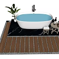 Freestanding White Bathtub With Water On Wooden Floor And Side Table With Green Plant
