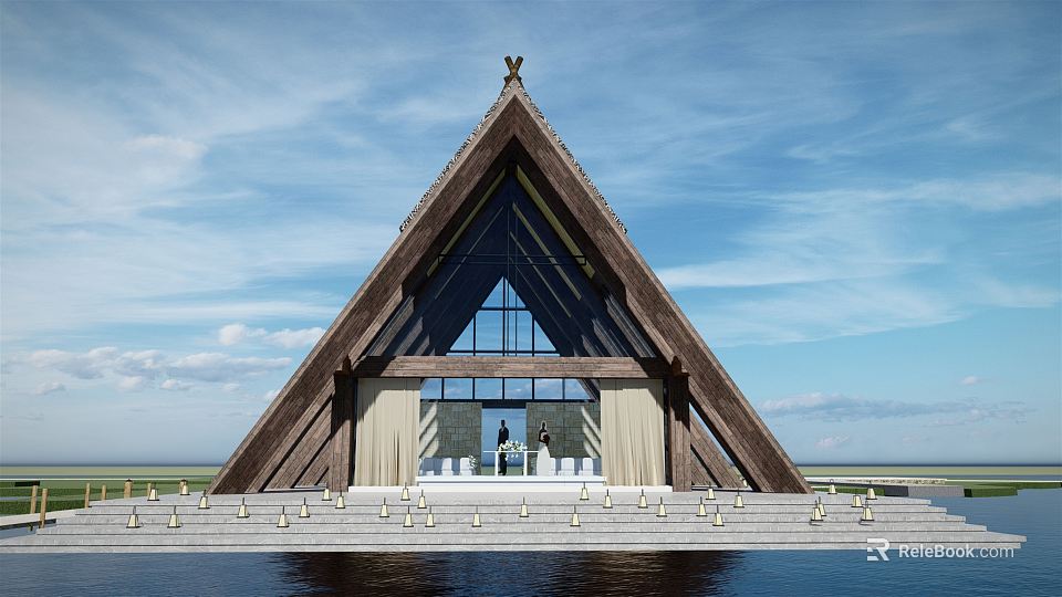 Triangular Wooden Roof Building With Large Glass Windows Steps White Decorations Blue Sky Water People Inside 3d model 