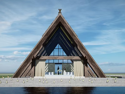 Triangular Wooden Roof Building With Large Glass Windows Steps White Decorations Blue Sky Water People Inside 3d model