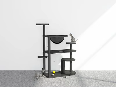 Black Multi Level Cat Tree With Platforms And Cat Kitten Playing Yellow Ball 3d model