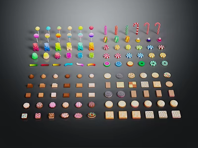 Assorted Colorful Candies And Cookies Arranged Neatly On Black Background 3d model