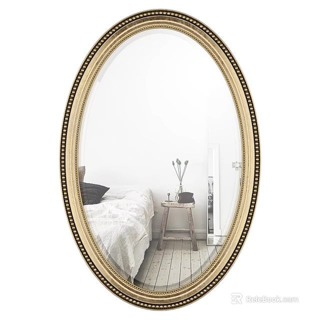 Oval Mirror with Gold Frame Reflecting Bedroom Bed Small Table and Decorative Items 3d model 