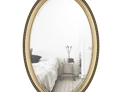 Oval Mirror with Gold Frame Reflecting Bedroom Bed Small Table and Decorative Items 3d model