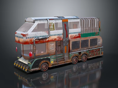 Custom Double Decker Bus With Vintage Industrial Design Rust Accents And Multiple Wheels 3d model