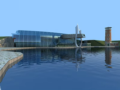 Modern Detached Villa With Glass Facade Waterfront Sculpture And Tower View 3d model
