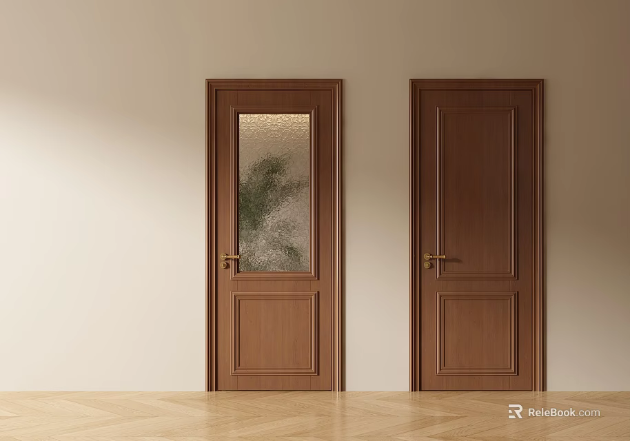 Brown Wooden Hinged Doors with Glass Panel And Solid Panel Design In Modern Interior 3d model