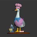 Cute Duck Wearing Pink Chef Hat And Apron With Kitchen Items On Wooden Base