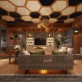 Modern Living Dining Room Interior Design With Hexagonal Ceiling Sofa Plants And Wooden Flooring