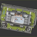 Courtyard Style Building Layout With Green Areas Swimming Pool And Patio Seating
