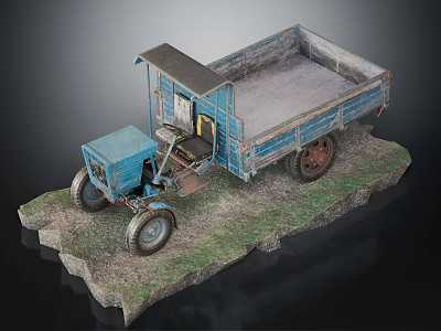 Detailed Blue Tractor Trailer Model on Grass Covered Stone Base 3d model