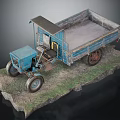 Detailed Blue Tractor Trailer Model on Grass Covered Stone Base