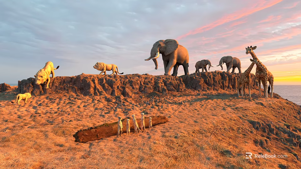 Reptile Lizard Basking On Savanna Rocks During Dusk With Orange Sky And Dry Grass 3d model 