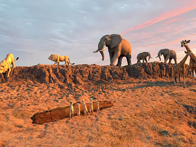 Reptile Lizard Basking On Savanna Rocks During Dusk With Orange Sky And Dry Grass 3d model
