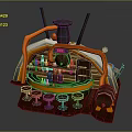Cartoon Bar Scene With Wooden Counter Round Stools Barrels Chimney And Decorative Lights