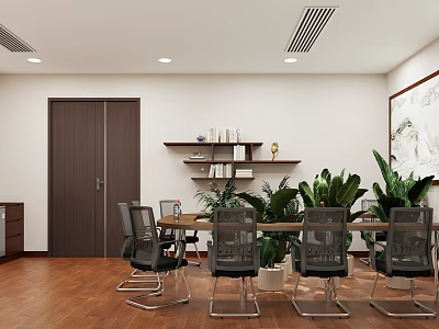 Modern Office Interior With Long Wooden Table Black Chairs Green Plants And Bookshelves 3d model