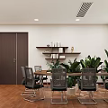 Modern Office Interior With Long Wooden Table Black Chairs Green Plants And Bookshelves